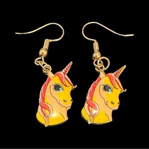 Unicorn Dangle Earrings Enamel Yellow Pink Whimsical